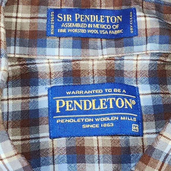Sir Pendleton Mens Brown Blue Long Sleeve Plaid Button-Up Shirt Wool Medium - Picture 7 of 8